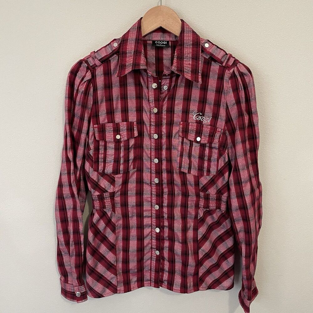 COOGI Womens L Red Metallic Plaid Button Shirt Smocked Y2K Blouse Top